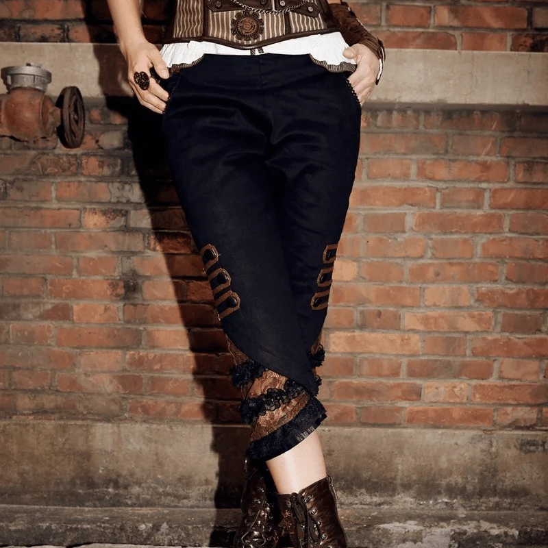 Damen Kunstleder und Lace Steampunk Crop Pants