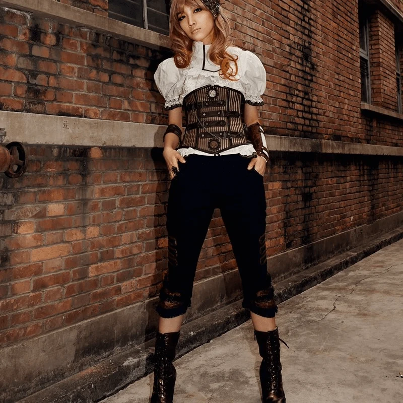 Damen Kunstleder und Lace Steampunk Crop Pants