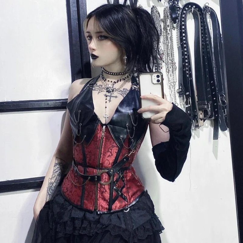 Damen Gothic Kunstleder Neckholder Top Korsetts