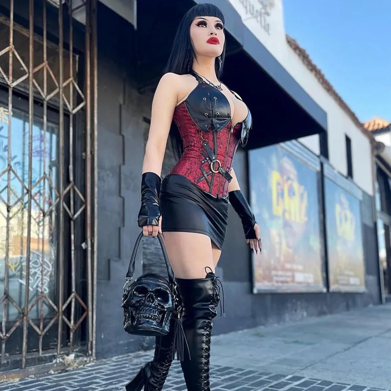 Damen Gothic Kunstleder Neckholder Top Korsetts