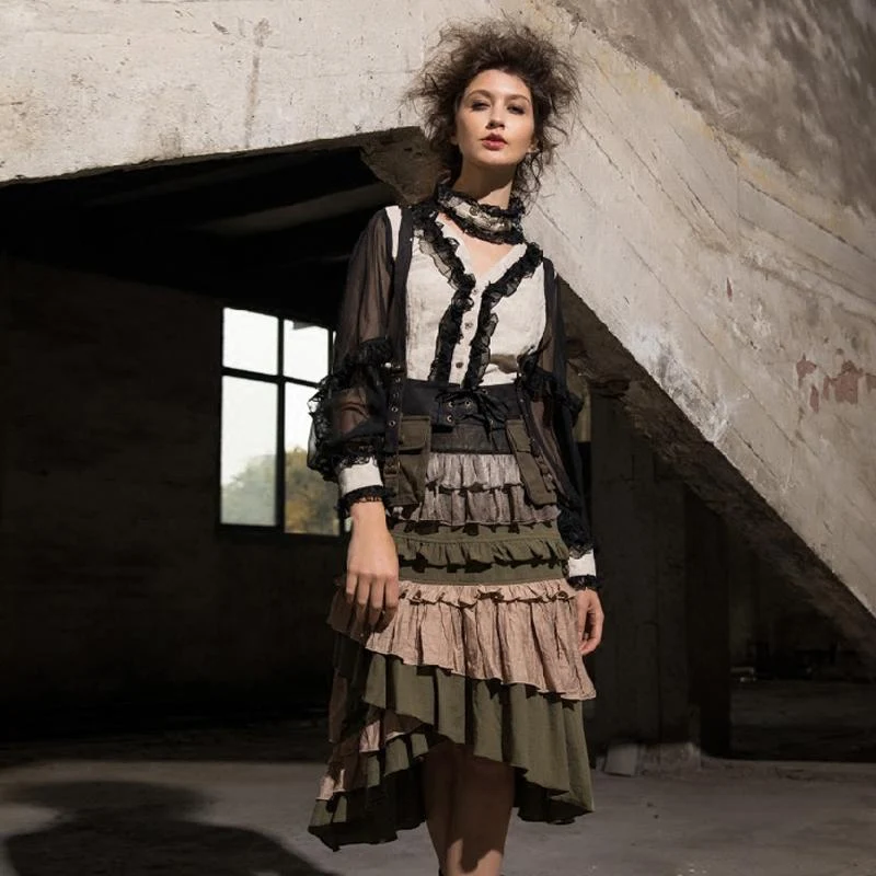 Damen Black & White Rüschen Steampunk Shirt