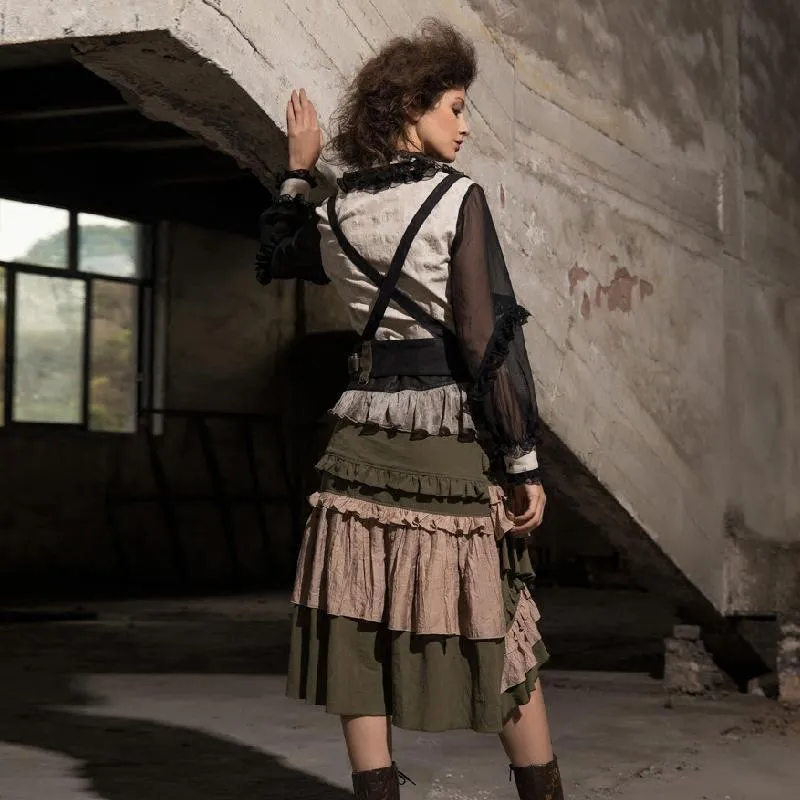 Damen Black & White Rüschen Steampunk Shirt