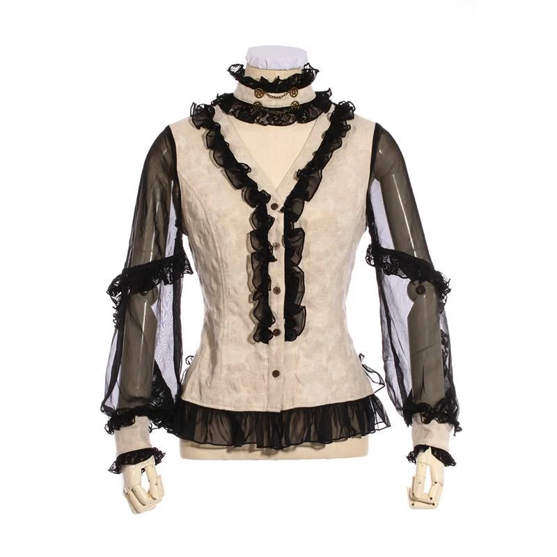 Damen Black & White Rüschen Steampunk Shirt