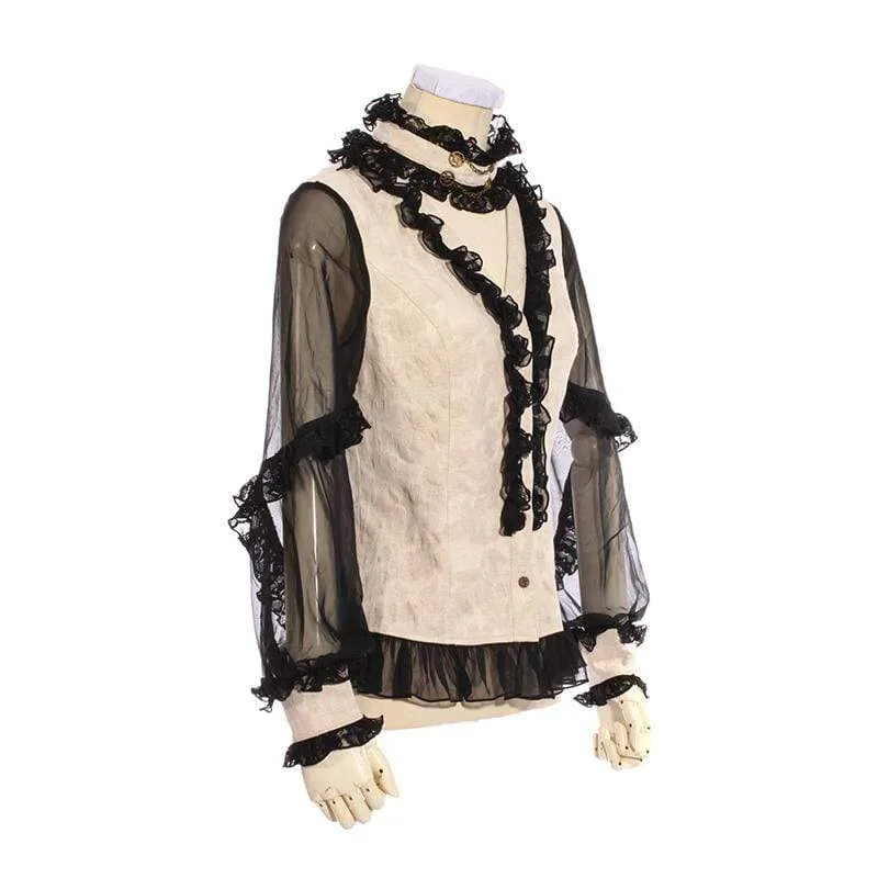 Damen Black & White Rüschen Steampunk Shirt