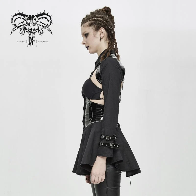 Langärmelige, ausgehöhlte PU-Shirts für Frauen mit Minirock