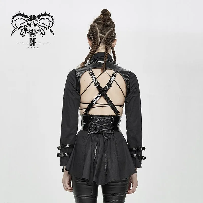 Langärmelige, ausgehöhlte PU-Shirts für Frauen mit Minirock