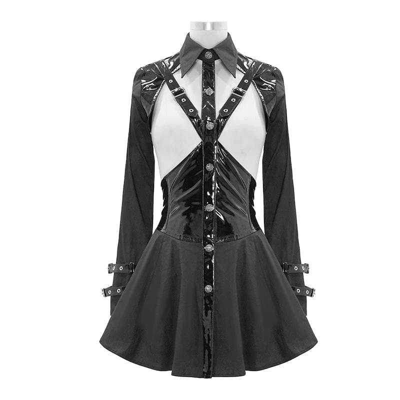 Langärmelige, ausgehöhlte PU-Shirts für Frauen mit Minirock