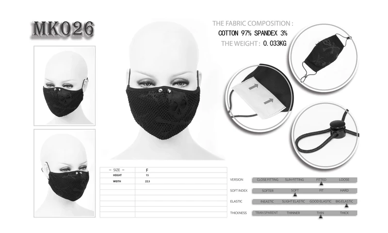 Unisex Gothic Skelenton Mesh Überlagerungsmasken mit Einweg-Filtereinsatz XNUMXer-Set