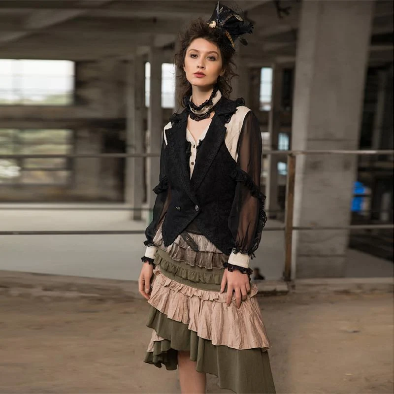 Damen Goth Weste mit Spitzenbesatz