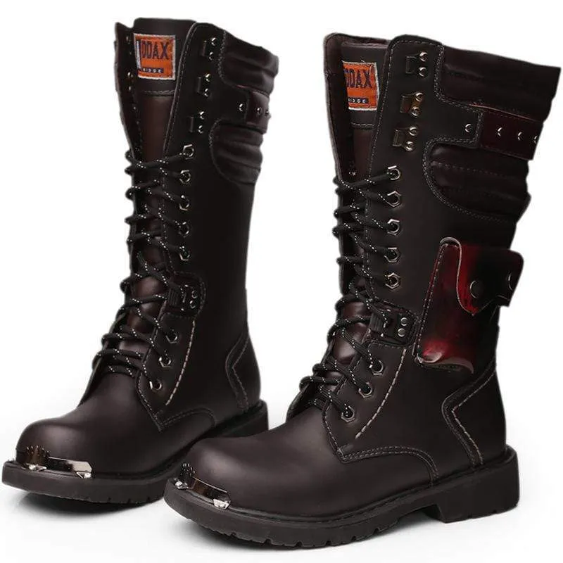 Herren Punk Pocket Schnürstiefel Kunstleder Army Boots Reitstiefel Moto Boots