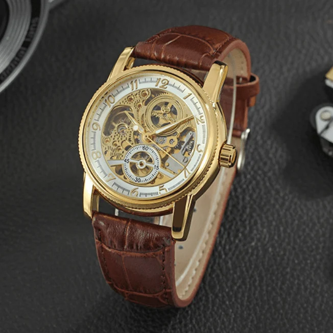 Steampunk Herren Skelett mechanische Lederarmbanduhr