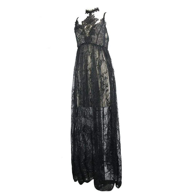 Damen All Lace Long Goth Kleid