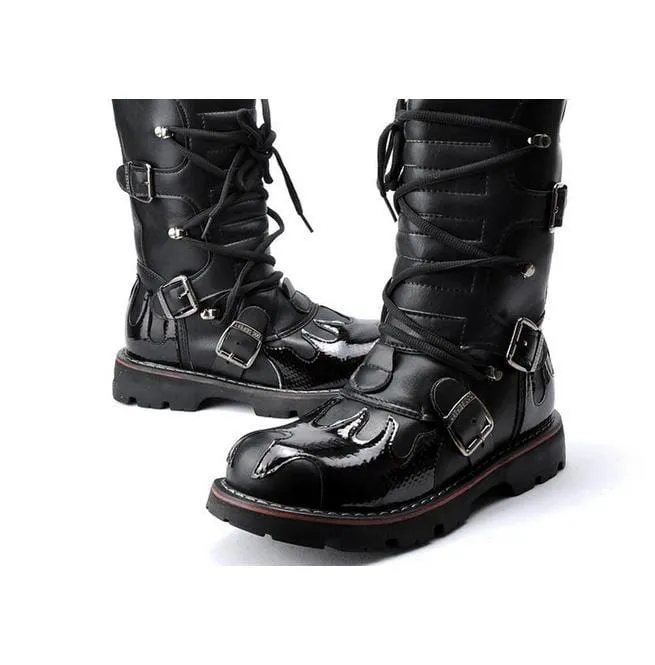 Herren Steampunk Fire Totem Schwarz Hohe Stiefel Motorradstiefel