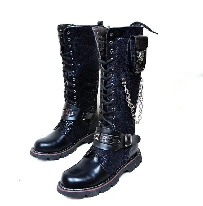 Herren Steampunk 16 Löcher Metall Niet Hohe Stiefel Engineer Motorradstiefel