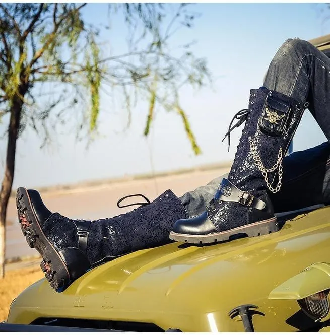 Herren Steampunk 16 Löcher Metall Niet Hohe Stiefel Engineer Motorradstiefel