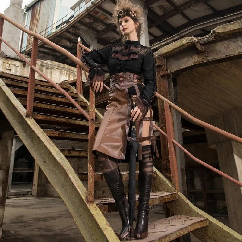 Damen Steampunk Kunstleder Halbrock