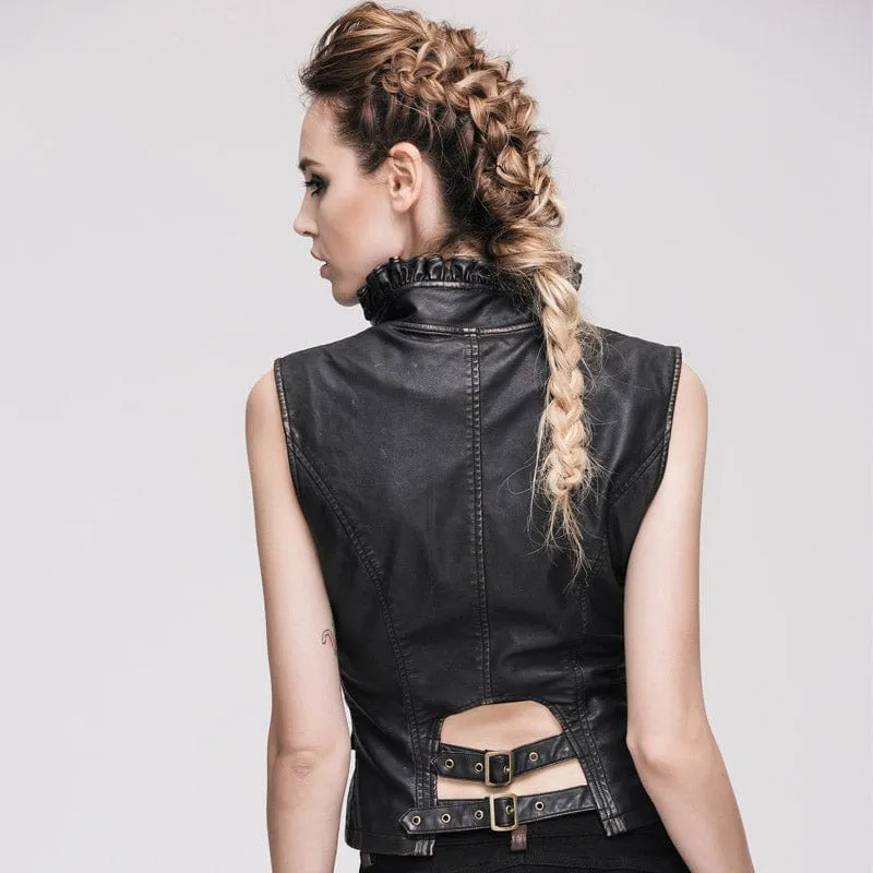 Damen Punk Kunstleder Weste mit Leder Rüschen