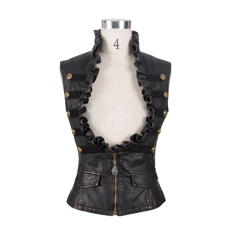 Damen Punk Kunstleder Weste mit Leder Rüschen