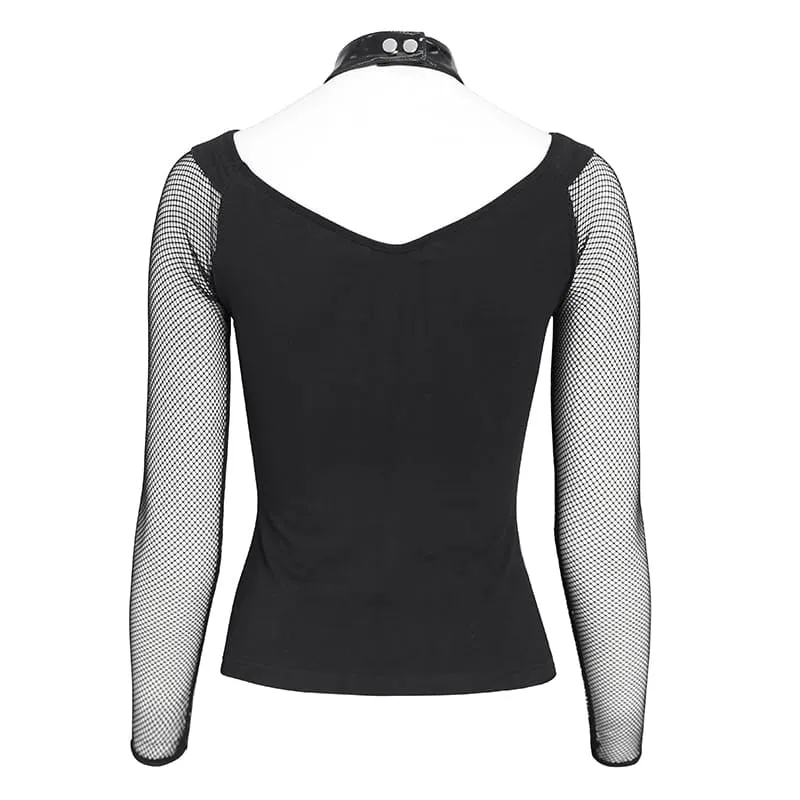 Frauen Steampunk Mesh Kunstleder Tops