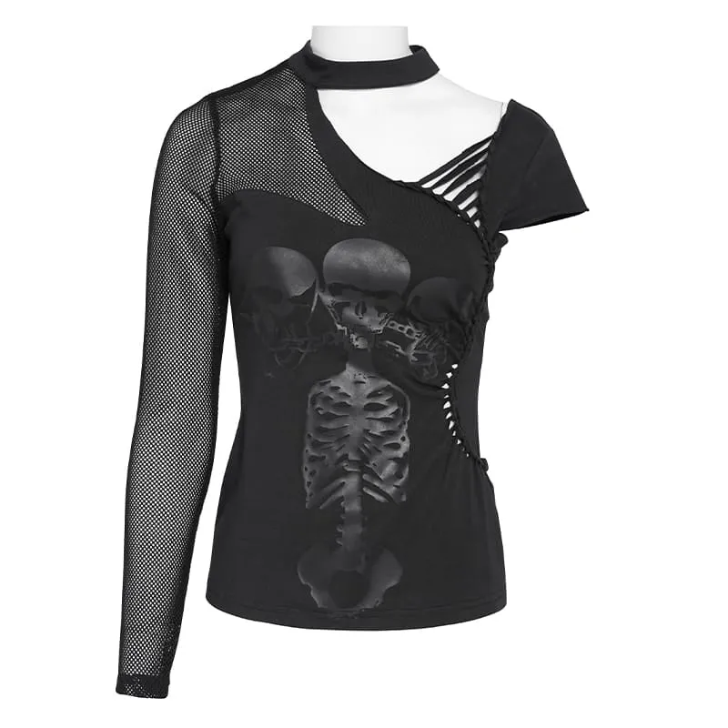 Frauen Goth Asymmetric T-Shirt mit Skeleton Design
