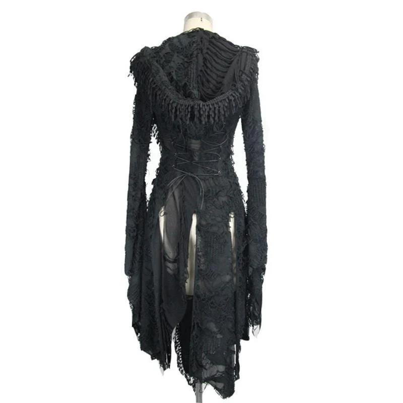 Frauen Spitze und Trimmen Goth Style Mid Length Hooded Dress